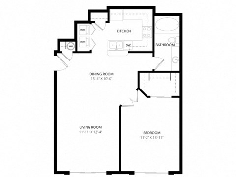 Floor plan for 1 bed, 1 bath, 721 sqft